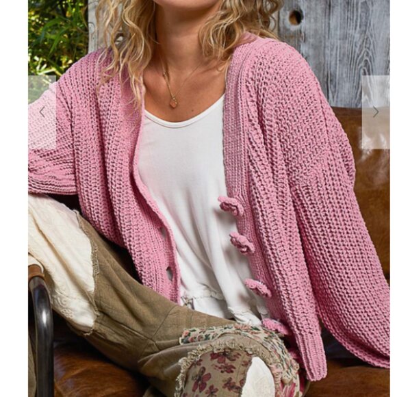 223.V-neck long sleeve regular fit cardigan in chenille with exaggerated buttons - Picture 2 of 5